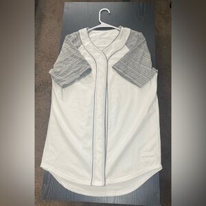 on the byas White Baseball-Style Button Front Jersey with Gray Sleeves